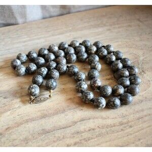 Vintage Pre-Loved Knotted Greyish Green Stone Beaded Necklace